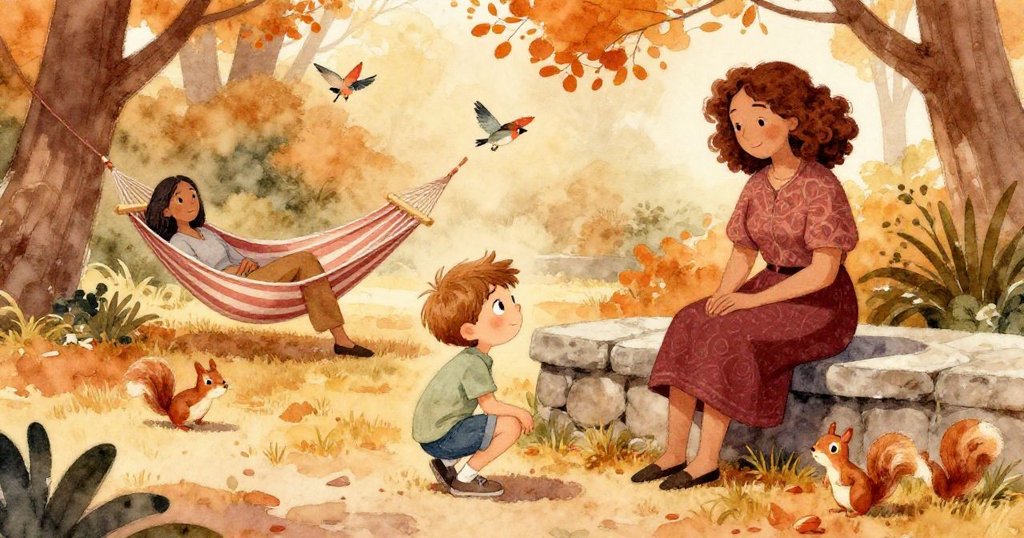 昆恩蹲在石邊觸摸濕砂，背景有搖晃吊床的姨媽和嬉戲動物，公園中氣氛活潑溫暖。