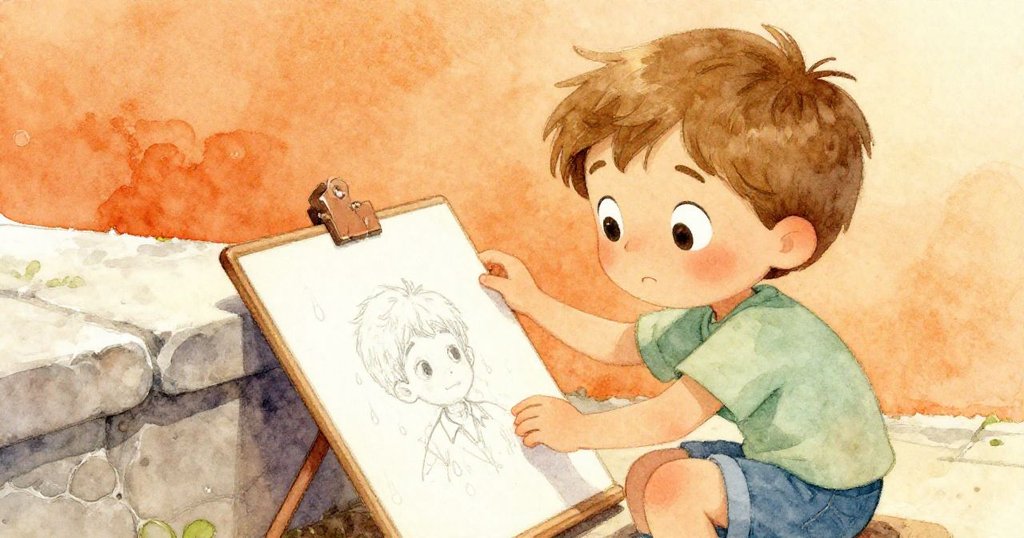 昆恩專注查看石板上的畫板，輕觸濕潤表面，展現細膩心情與自然質感。