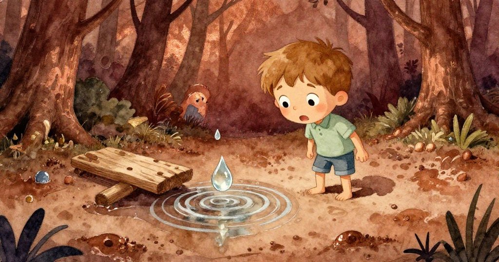 水滴擊中水灘產生環狀波紋，板邊帶著泥跡，昆恩在遠處神情矛盾，場景充滿超現實扭曲感。