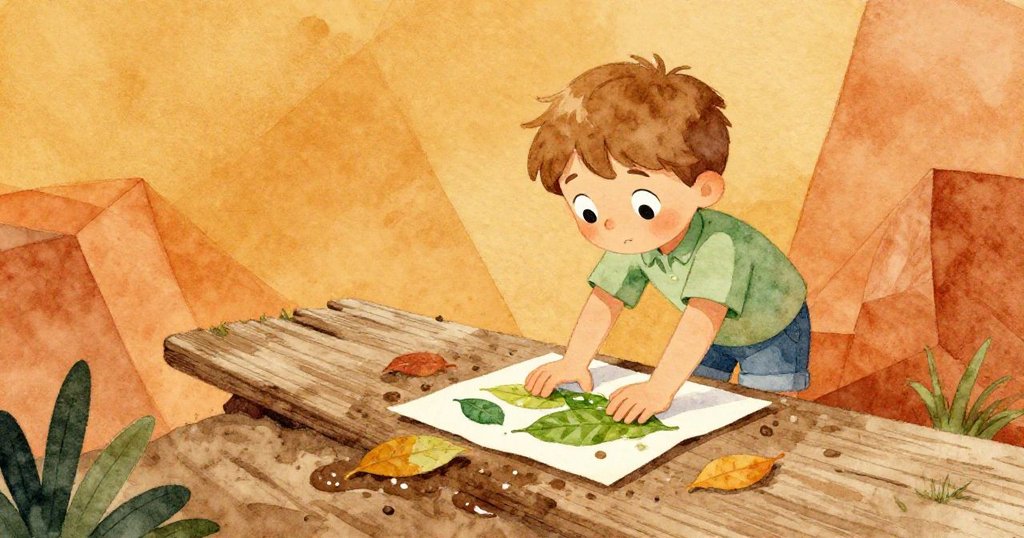 昆恩用雙手壓平紙張覆在濕葉與泥層上，創造出夢幻般不可能幾何排列，場面充滿神秘轉變感。