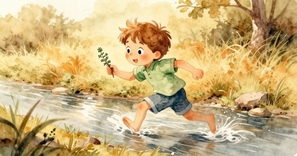 昆恩奔跑追逐從板上滑出的百里香嫩枝，動感十足，臉上流露興奮與決心，背景自然風光明亮。