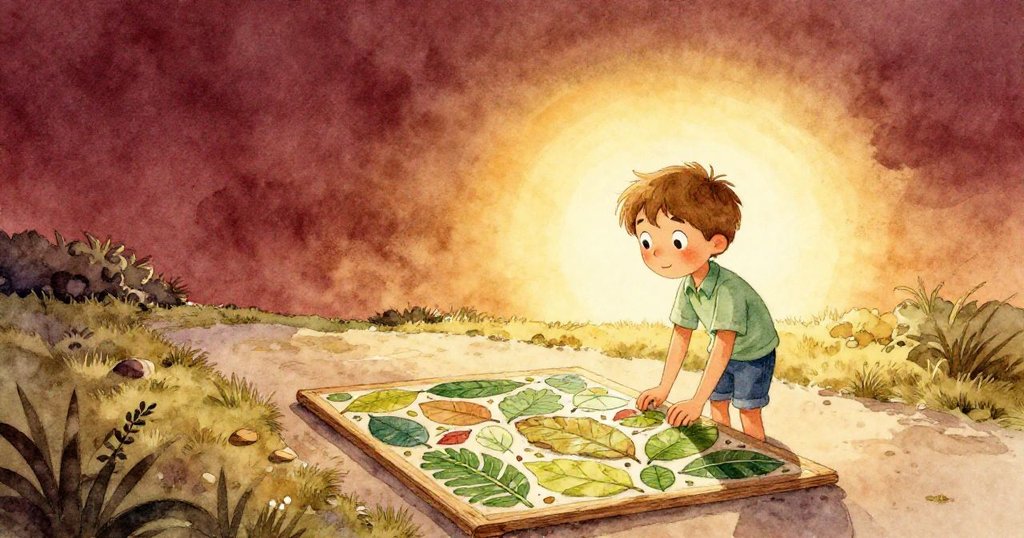 昆恩面向開闊未來欣賞完成的樹葉壓印，嘴角含笑，板上微露百里香，畫面溫馨又充滿希望。