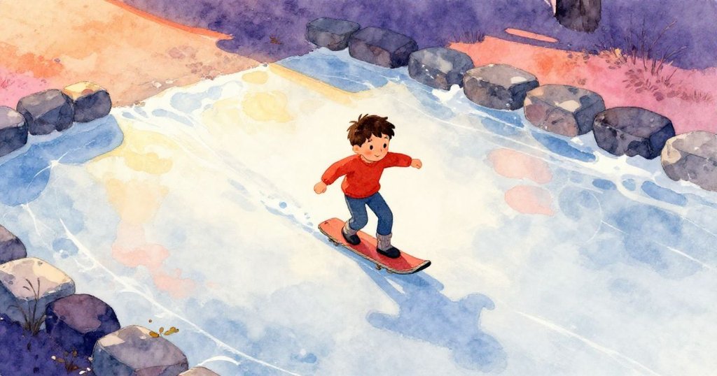 Vernon在冰凍的水坑邊準備滑行,從鳥瞰圖看見石塊邊緣和冰面上的葉塊,場景明亮溫暖,充滿期待。