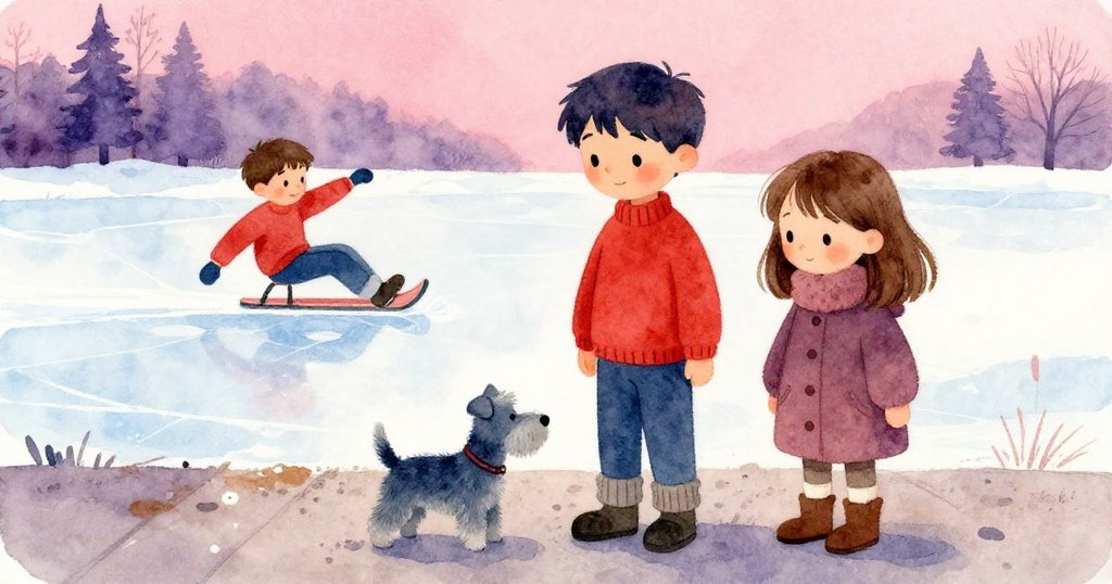 Ruby與她的藍灰色小狗安靜等待,前景清晰,背景中Vernon正勇敢滑行,層次分明展現冬日戶外情景。