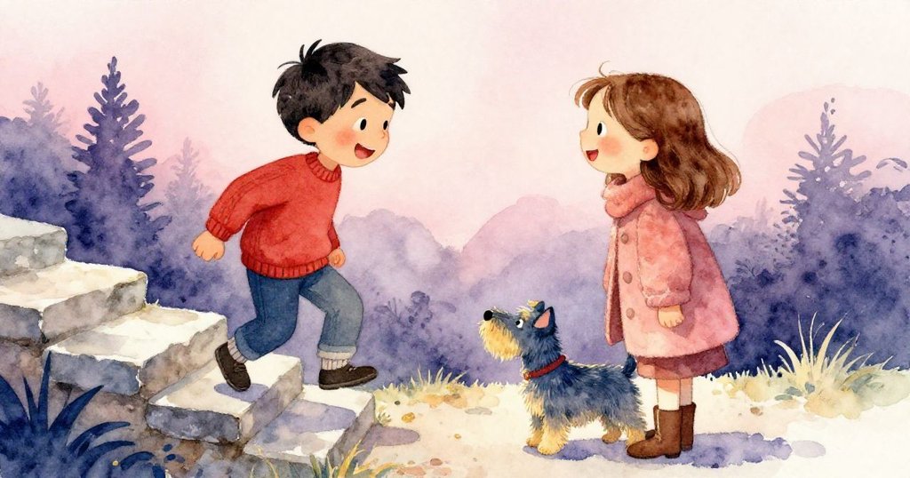 Vernon步上堅固石板,臉上露出釋然笑容,Ruby與她的小狗滿臉喜悅迎向他,場景充滿溫暖與和諧的結局。