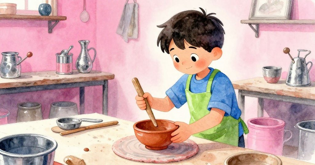 Zane 小心翼翼將陶碗放於絨布墊上,雙手握著磨平木桿輕敲碗沿,神情專注充滿創意。