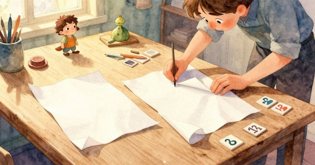 在奇幻空間中,稻草隨風飄舞,小鳥停於槌柄上,工作台上物品輕盈漂浮,展現神秘與驚喜時刻。