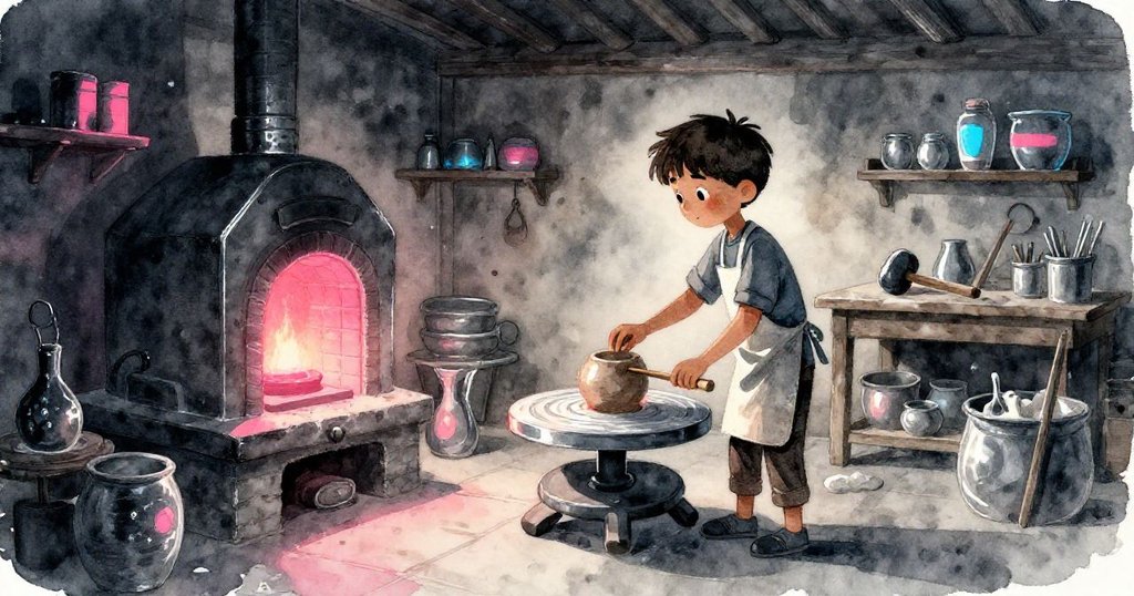 傍晚時分,Zane 輕擱木桿於微光窯旁,槌柄在絨布上輕輕搖曳,展現平靜與完成創作的溫柔時刻。