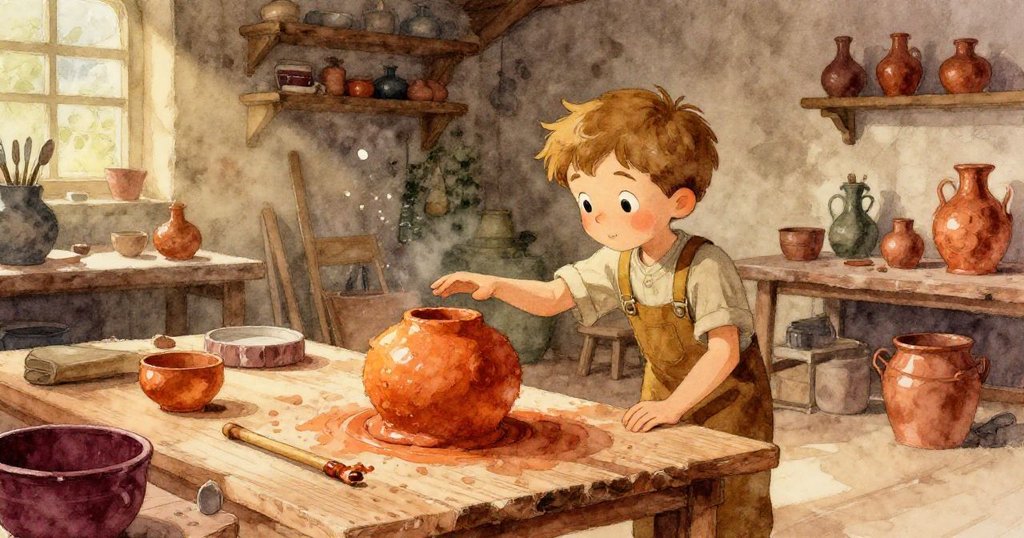 莫里茨在光影交錯的工作室中輕觸下垂的黏土塊，展現初始探索與神秘氛圍，開始創作之旅。