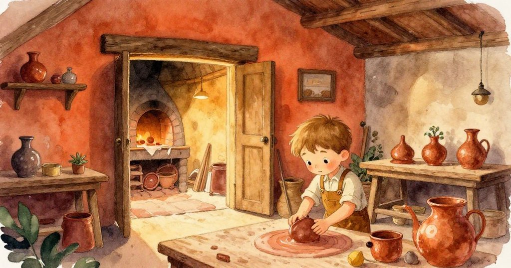 莫里茨全神貫注創作時，背後的門悄然打開，窯房散發溫暖熱氣，營造出神秘隱藏空間的驚喜。