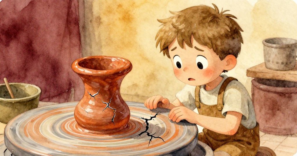 隨著震動擴散，黏土表面出現細微裂痕，莫里茨神情關切地注視變化，展現創作中因果轉化的細膩瞬間。