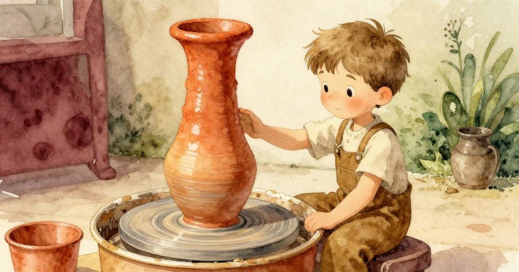 在柔和光線中，莫里茨放慢輪盤，輕觸新成型的高黏土柱，臉上露出滿足與平靜，象徵創作終章。