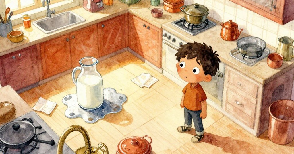 哈里斯在明亮廚房中整理桌面,從上方看見牛奶瓶與濕紙巾散落在陽光照耀的櫃台上,情緒專注而忙碌。