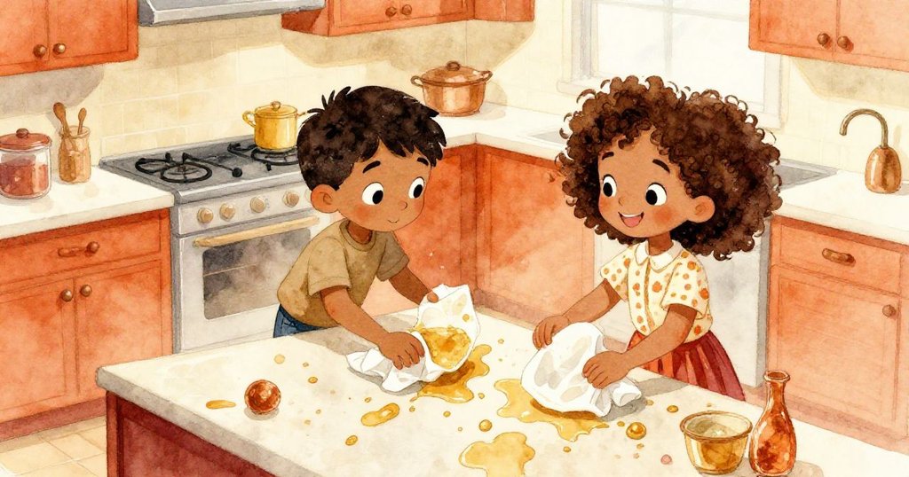 哈里斯與艾斯美並肩合作清理廚房桌面,互動自然、動作協調,溫暖燈光下展現出團隊精神與專注情緒。