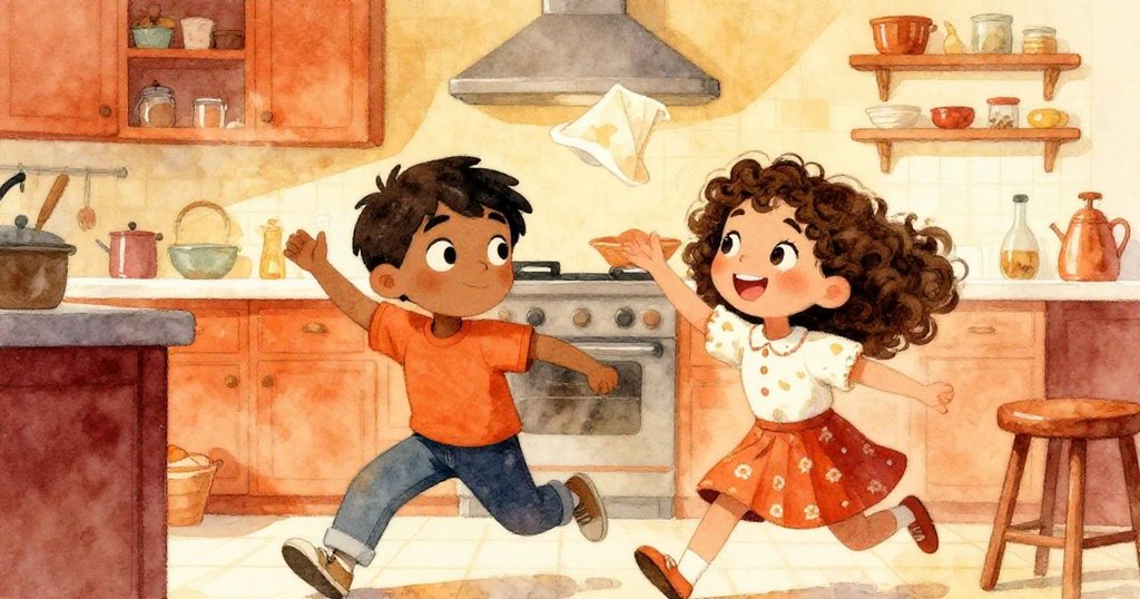 哈里斯與艾斯美在繁忙廚房中追逐滑落的紙巾,動作敏捷且充滿活力,展現了合作與趣味的清理過程。