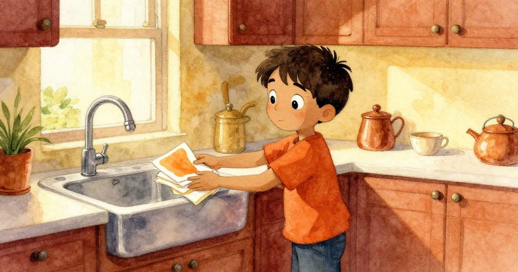 哈里斯在溫馨廚房中將三張濕透紙巾放在水槽旁,動作平靜滿足,櫃台上散見清理痕跡,故事溫柔落幕。