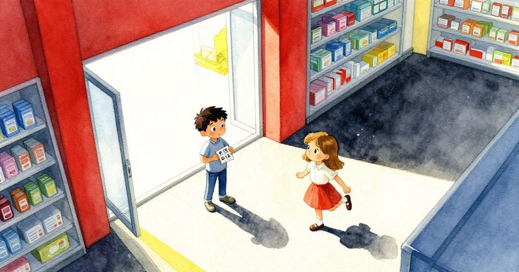 藥局從高處俯瞰,Fraser握票特寫,Hazel輕快踏步,窗外光影交錯,故事開始展現現場活力與期待。