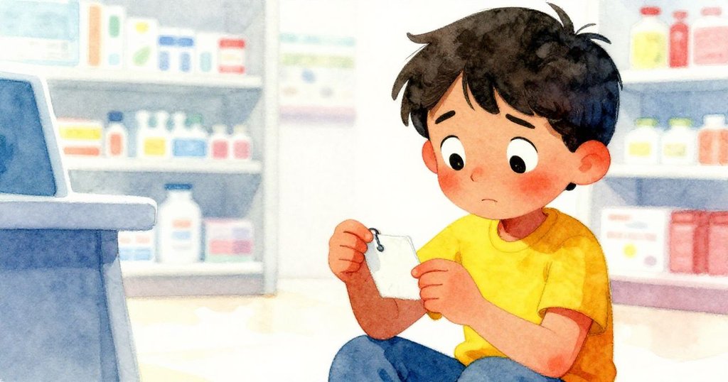 Fraser特寫神情專注,持票斷紙,眼中流露疑惑與期待,背景隱約現代藥局科技感。