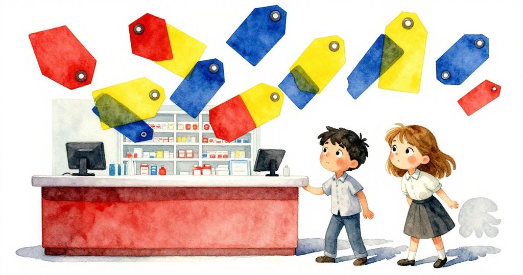 漂浮標籤呈現不可能幾何,Fraser與Hazel目光驚奇,藥局櫃檯變身夢幻空間,充滿探索神秘感。