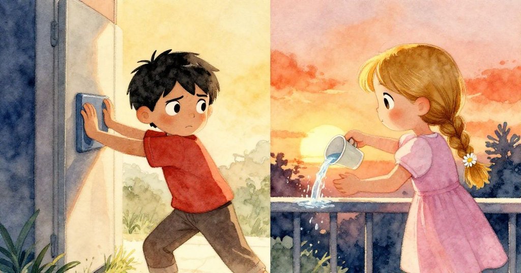 Zane和Flora分屏展現：Zane努力推動面板，Flora小心倒水沿著鐵軌，溫暖光線中展現堅持與溫柔互動。