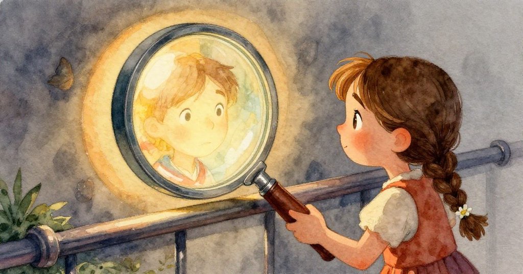 在隱蔽空間裡，水流順著鐵軌灑出蜂蜜般暖光，模型紅樹在沙中悄現，背景有洗手台，氣氛溫馨。