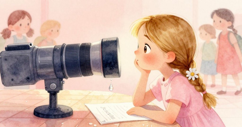 Flora在新對準的鏡片下作畫，水滴映在瓷磚上，背景中學童輕語，展現寧靜與完成後的柔和感。