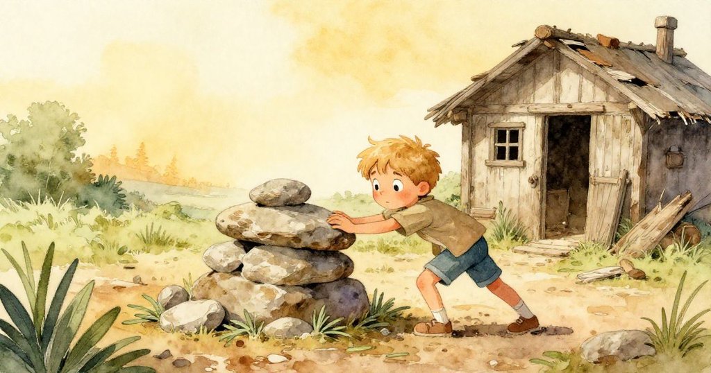 故事開始時,Archie在溫暖晨光中輕推岩石,背景有散落塵埃、香草和遠處破舊小屋,他流露出專注與期待的神情。