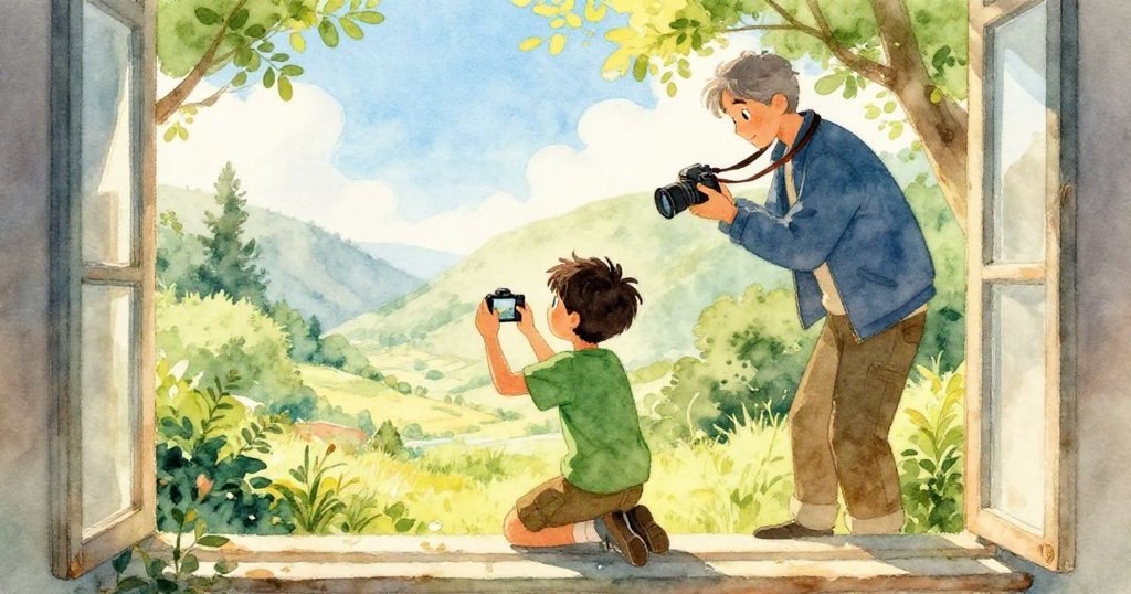 Wyatt蹲伏透過破舊窗框拍攝山谷,Felix在遠處調整相機,兩人皆專注探索大自然景致,情感真摯。