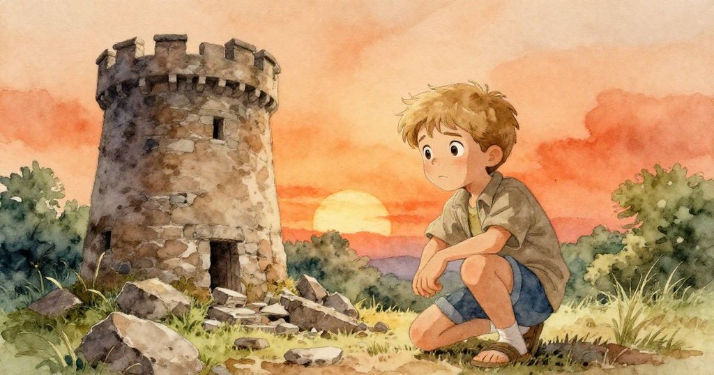 溫暖記憶色調中,Archie蹲下檢視倒塌石塔,臉上顯露沉思與決心,背景散發夕陽橙與泥土氣息。