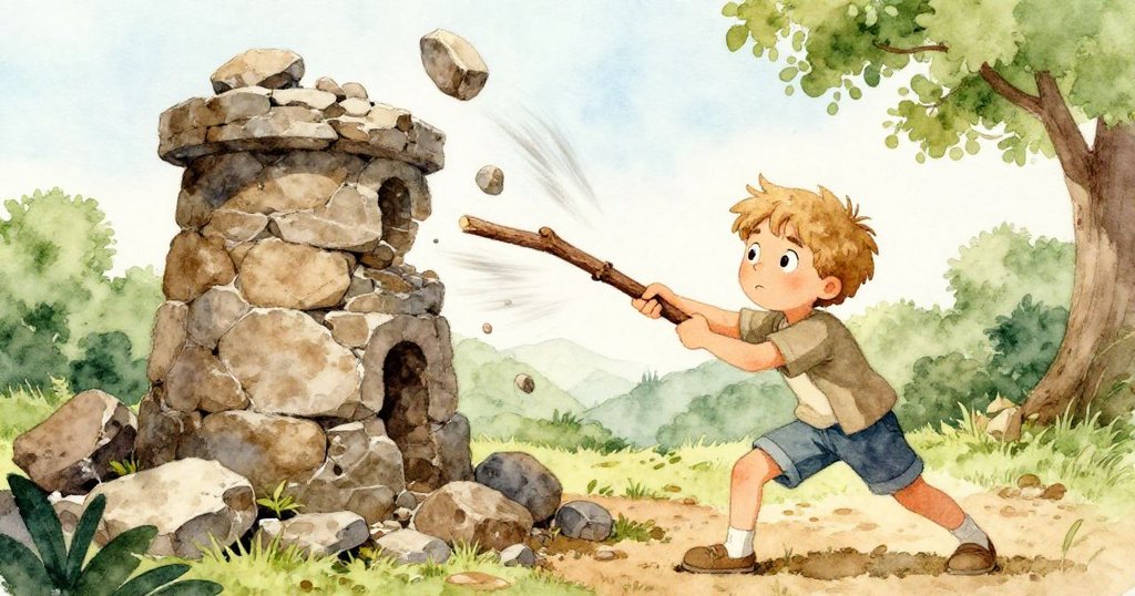 突然狂風襲來,石塔崩塌,Archie迅速揮動手杖,試圖穩定石塊飛散,現場充滿緊迫與動感。