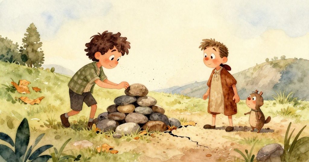 遠景中重建的石塔靜立於廣闊大地,背景夕陽與藍天交織,一隻麻雀啄食向日葵籽,象徵堅韌與和諧。