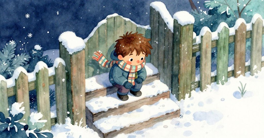 小男孩Archie蹲在覆滿冰霜的前台階上搜尋工具，空靈冬景與溫暖光暈營造出神秘而好奇的氛圍。