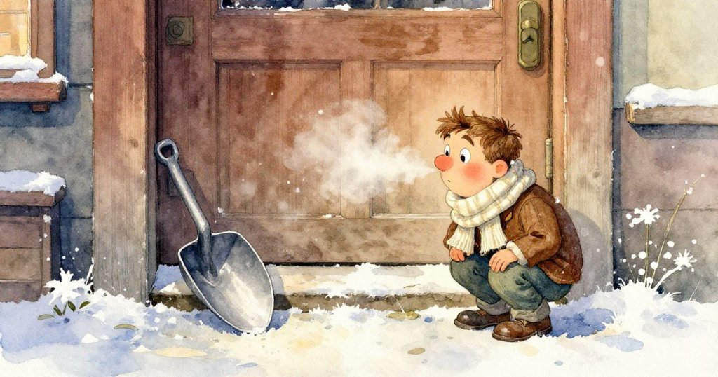 小男孩Archie踏著清晰腳印在雪地上前行，發現生鏽工具靠在柚木柵欄上，旁邊有塵封的塑料鹿，冬日光線柔和。