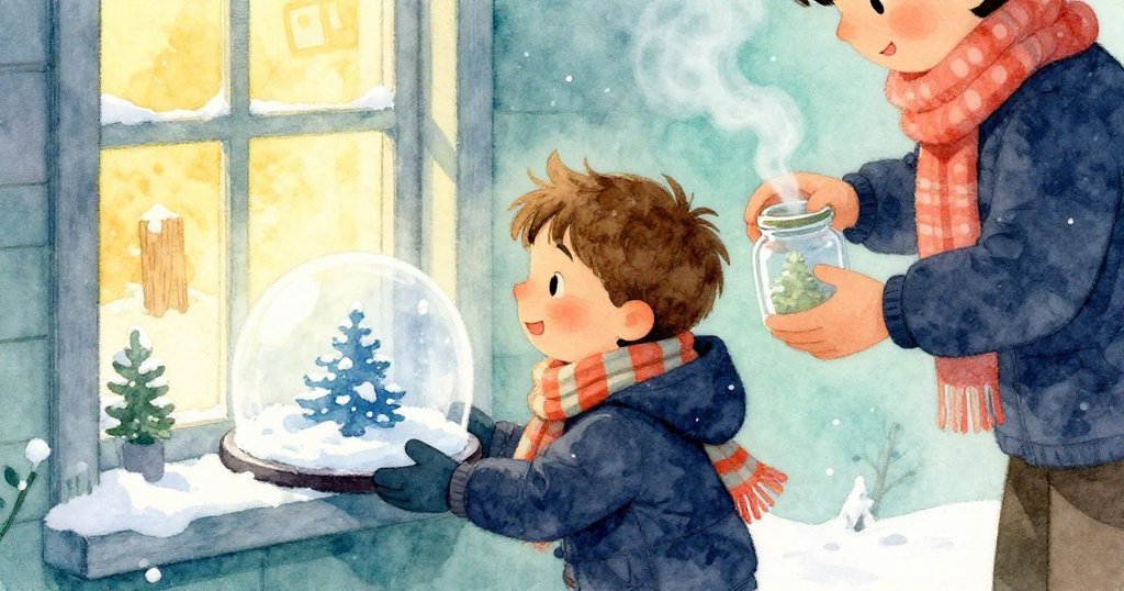 小男孩Archie小心翼翼地搬運雪球穹頂至窗邊，成人在旁協助放入罐子，窗內溫暖燈光搭配遠處木煙，充滿溫馨氣息。