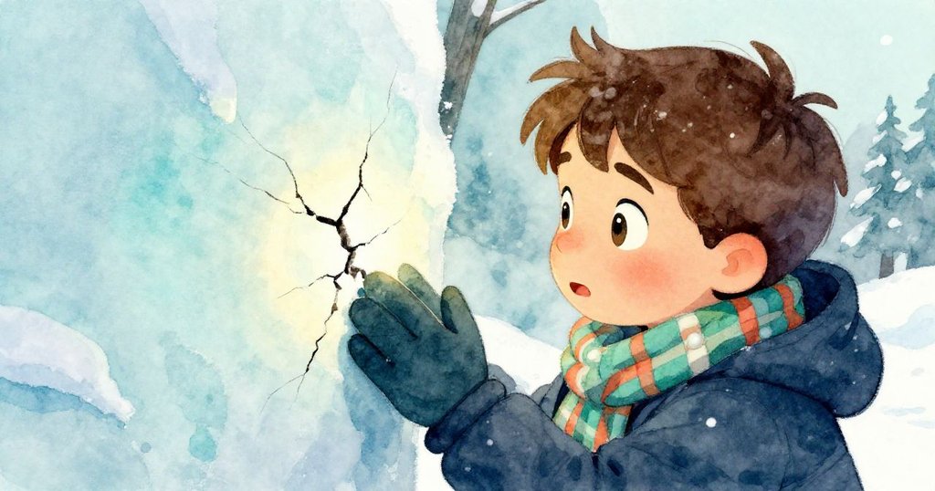 小男孩Archie神情凝重，特寫露出因寒冷而微麻的手和雪牆上的裂縫，展示出修補穹頂時的內心掙扎與決心。