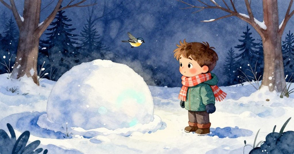 小男孩Archie在微弱夕陽中欣賞完成的雪球穹頂，雪地上松樹影搖曳，麻雀飛舞，展現出滿足與奇妙的情感。