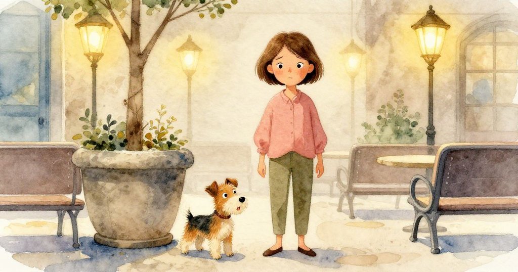 Gwen帶著活潑小狗走進戶外大廳，背景呈現暖色調與石盆，神情堅定，環境充滿等待與期待氣氛