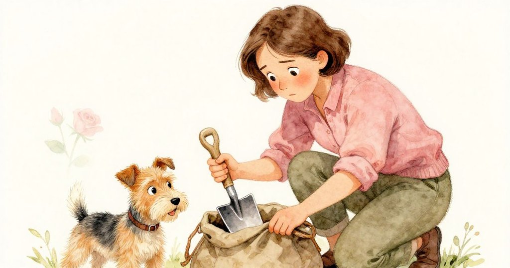 Gwen打開小袋子取出花園鏟，認真檢查工具，旁邊小狗好奇圍觀，背景細節豐富