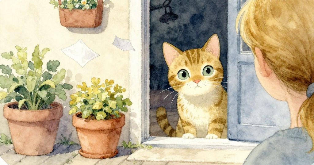 從Gwen視角看到藏在花盆中的小虎斑貓，紙巾隨風舞動，室外天光明亮，細膩而略帶驚喜