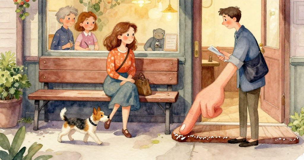 室內柔和光線中，主人急忙關上玻璃門，營造寧靜氣氛，背景細膩而有序，情緒由動到靜