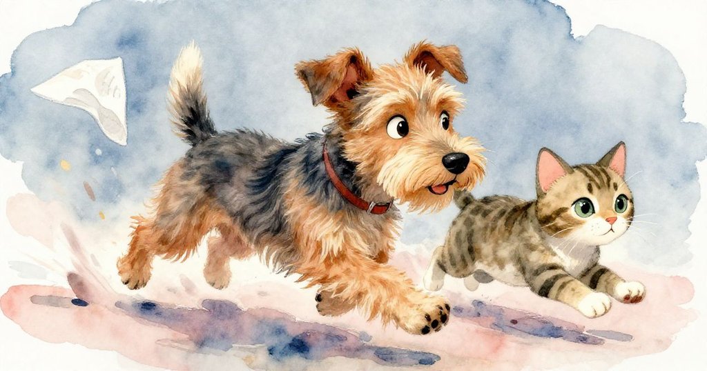 活潑小狗追逐迅捷虎斑貓，紙巾在空中飛舞，戶外露台邊景動感十足，動態情緒明快