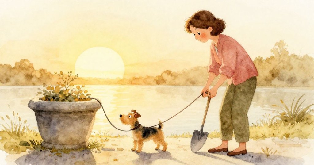 金色夕陽中，Gwen帶著笑容將小狗皮繩扣在石盆上，手持鏟子步向冒著蒸汽的咖啡機，情緒平靜溫暖