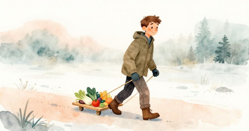 保羅在薄霧中推著載蔬菜木板，砂粒隱現冰面，晨光溫柔，展現開始冒險的活力。