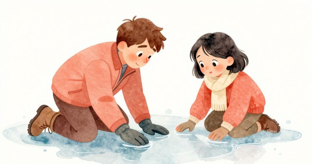 保羅與花娜在融水倒映中協作，雙人專注動作和臉部表情，展現互助情誼和細膩情感。