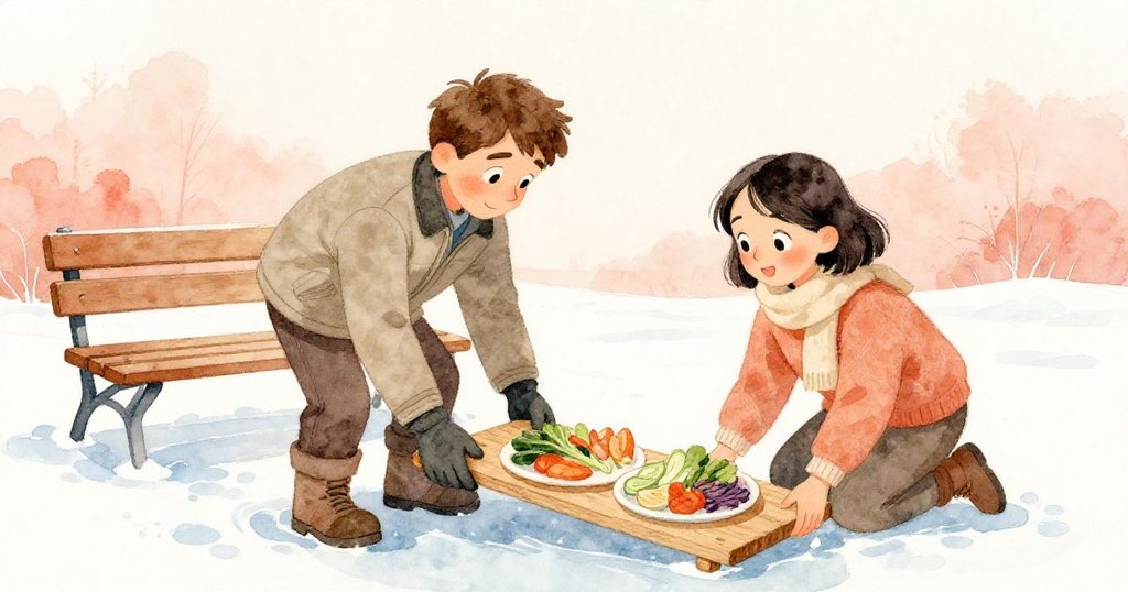 在變幻天空下，保羅與花娜調整木板與盤菜，冰面逐漸轉暖，呈現時間推移中的希望與改變。