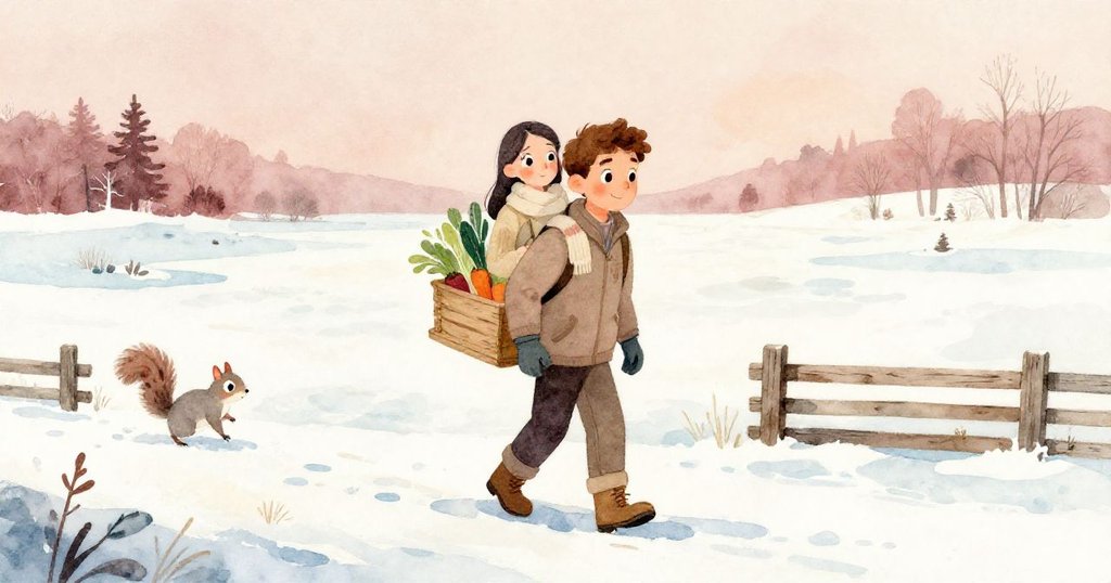 廣闊景觀中，保羅與花娜的動作顯得渺小，一隻灰松鼠穿梭欄杆，整體自然景致充滿生機與連結。