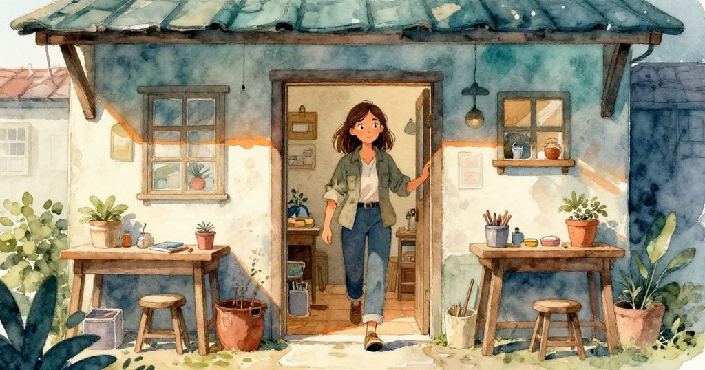 Mabel 穿過開放的工房門，手持砂紙，進入溫暖工作室，臉上帶著決心與微笑，周圍充滿自然光線與柔和陰影。