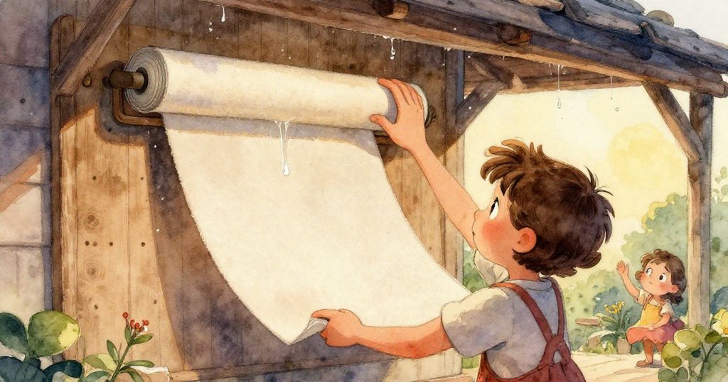 Mabel 小心地從掛板上抽出砂紙，手指專注操作，近鏡頭捕捉砂紙質感與工作台細節，氛圍溫馨柔和。