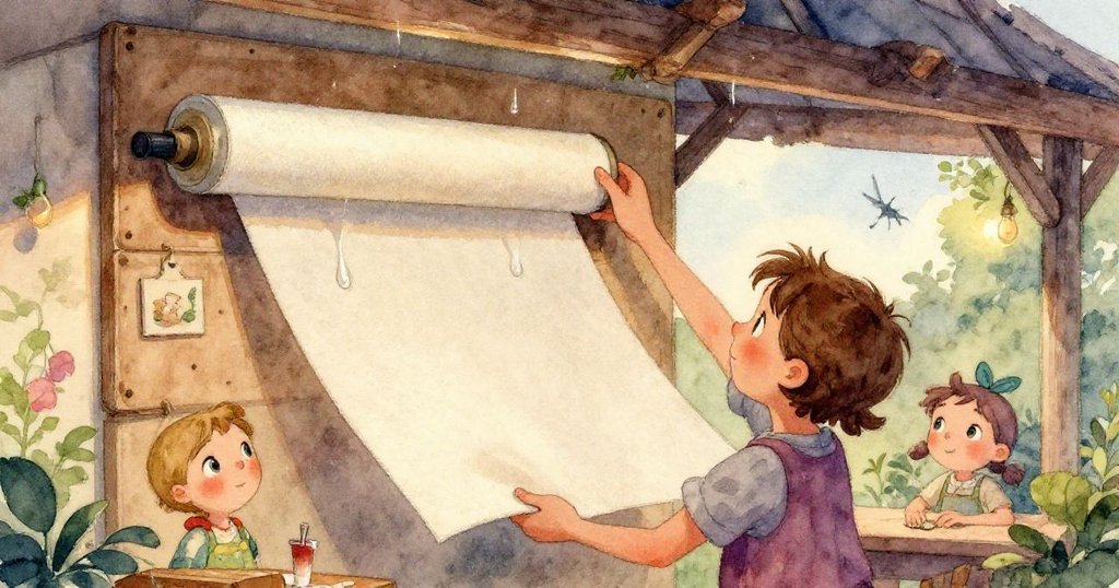 從Mabel視角看見麻雀停在橫樑上，凝神注視著砂紙磨動，營造出奇幻而溫馨的工作室氛圍。