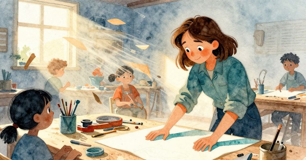 Mabel 在工作室過渡區伸手去撿掉落的砂紙，落葉般輕飄，周圍工具因風搖晃，營造出動感與緊張氣氛。